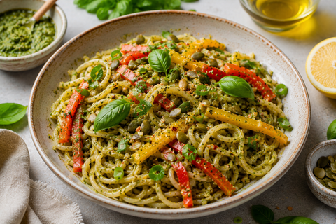 Makaron z ciecierzycy z cytrusowym pesto z orzechów włoskich - BioTherapie
