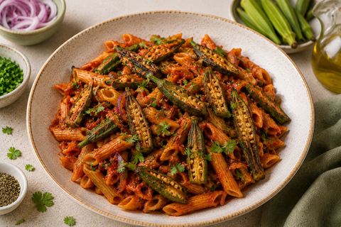 Makaron z sorgo w pomidorowym sosie w stylu jollof z chrupiącą okrą - BioTherapie