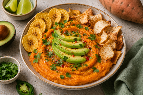 Purée z batata i awokado z chipsami z banana i manioku - BioTherapie
