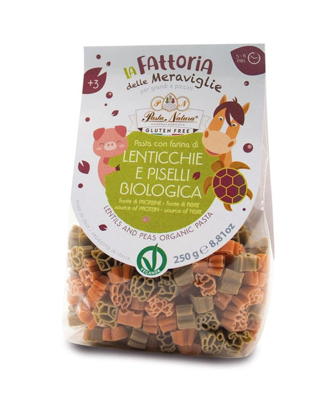 MAKARON (Z SOCZEWICY, GROSZKU ZIELONEGO I RYŻU) DLA DZIECI ZWIERZĘTA FARMA BEZGLUTENOWY BIO 250 g - PASTA NATURA - BioTherapie